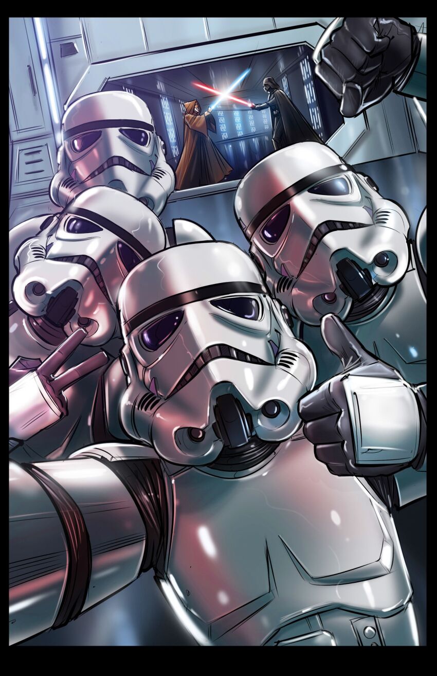 6+boys absurdres black_border black_gloves blue_lightsaber border clenched_hand darth_vader energy_sword gloves highres holding holding_sword holding_weapon lightsaber looking_at_viewer multiple_boys obi-wan_kenobi outside_border red_lightsaber selfie star_wars star_wars:_a_new_hope stormtrooper sword thumbs_up v weapon