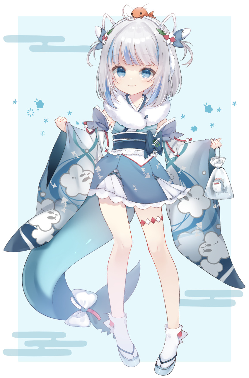 1girl blue_background blue_eyes blue_hair blue_sandals border closed_mouth ebi-chan_(gawr_gura) fins fish fish_tail gawr_gura gawr_gura_(new_year) hair_ornament highres hololive hololive_english multicolored_hair official_alternate_costume sandals shark_girl shark_tail smile socks solo streaked_hair tail virtual_youtuber white_border white_hair yuni_(irohasuiroiro)