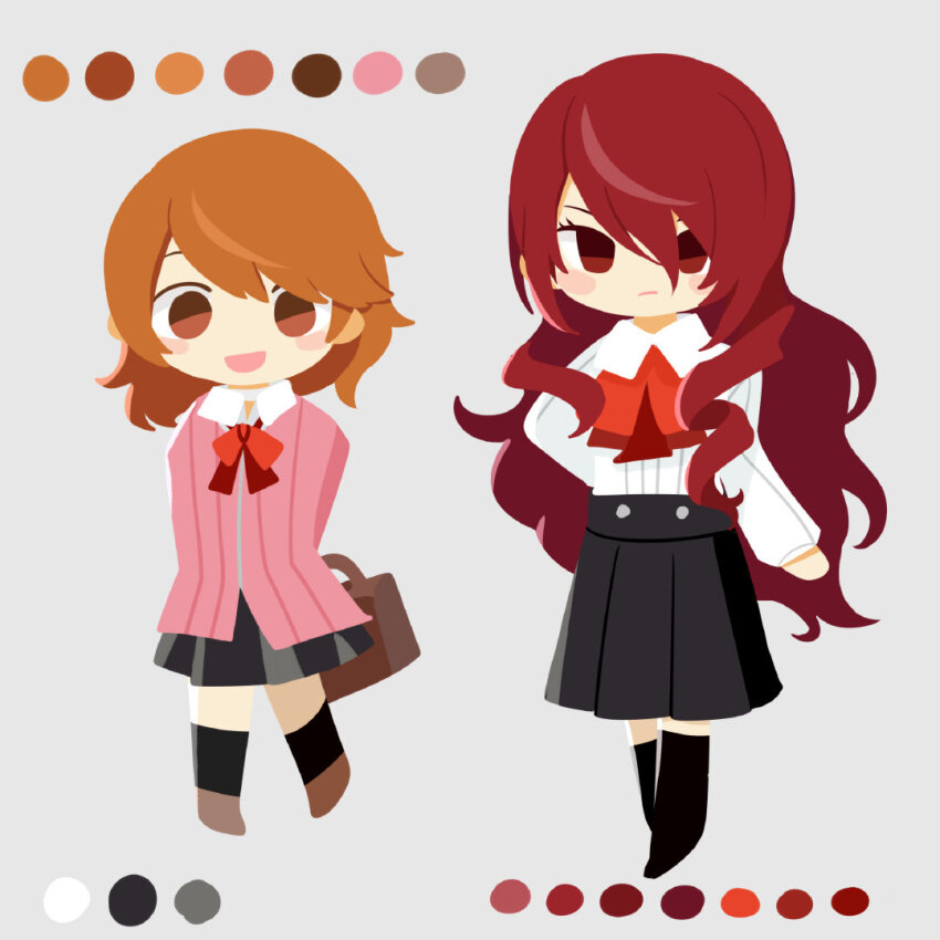 2girls bag black_skirt bow holding holding_bag kirijou_mitsuru long_hair mifune_miyu_(weibo_5907079617) multiple_girls open_mouth persona persona_3 red_bow red_eyes red_hair skirt standing takeba_yukari