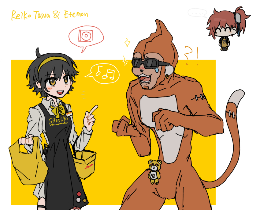 aiba_ami blue_eyes digimon digimon_story:_cyber_sleuth etemon goggles goggles_on_head highres long_hair red_hair sidetail tawa_reiko