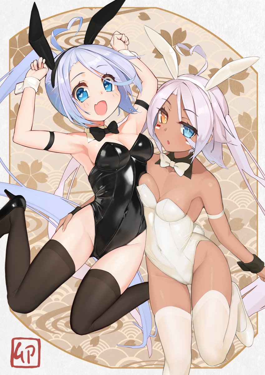2girls :d :o ahoge alternate_costume animal_ears arm_strap arms_up azur_lane bare_shoulders black_bow black_bowtie black_footwear black_leotard black_thighhighs blue_eyes bow bowtie breasts chinese_zodiac cleavage collarbone commentary_request covered_navel dark-skinned_female dark_skin detached_collar facepaint fake_animal_ears fake_tail fang grey_hair groin hair_between_eyes heart heart-shaped_pupils heart_ahoge heterochromia high_heels highleg highleg_leotard highres indianapolis_(azur_lane) leotard long_hair looking_at_viewer medium_breasts multiple_girls open_mouth playboy_bunny portland_(azur_lane) rabbit_ears rabbit_pose rabbit_tail side_ponytail sidelocks skin_fang skindentation small_breasts smile strapless strapless_leotard symbol-shaped_pupils tail thighhighs traditional_bowtie very_long_hair white_bow white_bowtie white_leotard white_thighhighs wrist_cuffs year_of_the_rabbit yellow_eyes yohia