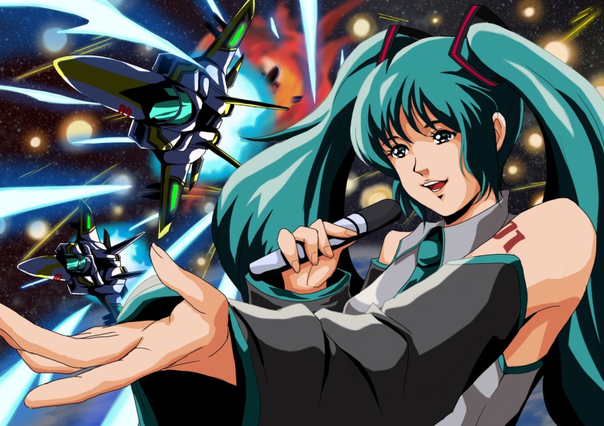 1980s_(style) 1girl aqua_hair battle beam choujikuu_yousai_macross cosplay crossover detached_sleeves epic explosion female_focus hatsune_miku hatsune_miku_(cosplay) hita_(el_toro) kagamine_len kagamine_rin long_hair lynn_minmay macross macross:_do_you_remember_love? mecha microphone necktie oldschool parody reaching retro_artstyle robot solo space spacecraft style_parody twintails vf-1 vocaloid