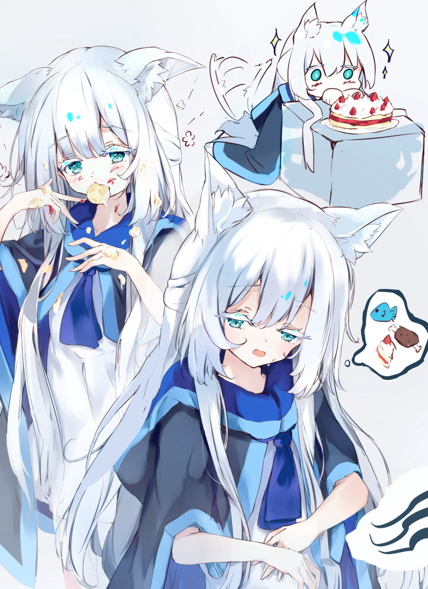 1girl 5nikorai absurdres animal_ear_fluff animal_ears arknights blue_eyes cake cat_ears cat_girl cat_tail dress food highres long_hair multiple_views rosmontis_(arknights) tail white_dress white_hair