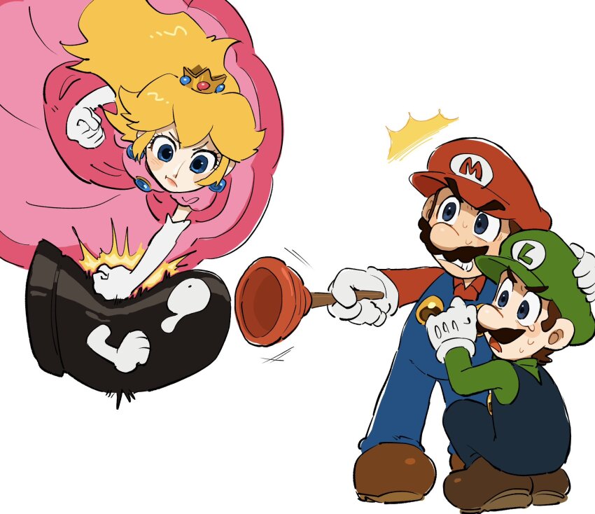 1girl 2boys blonde_hair blue_eyes blue_overalls breasts brown_hair bullet_bill crown dress earrings facial_hair gloves green_shirt hat highres jewelry long_hair luigi male_focus mario mario_(series) mimimi_(mimimim9999) multiple_boys mustache nintendo overalls pink_dress plunger princess_peach shirt short_hair sphere_earrings white_gloves