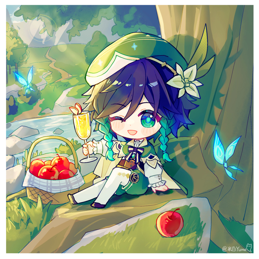 ;d apple basket beret blue_butterfly blush braided_sidelocks bug butterfly chibi commentary_request cup double-parted_bangs flower food frilled_sleeves frills fruit full_body genshin_impact gradient_eyes gradient_hair green_hat green_shorts hair_between_eyes hair_flower hair_ornament hat highres holding holding_cup insect looking_at_viewer mibai_yume multicolored_eyes multicolored_hair multicolored_shoes one_eye_closed open_mouth ribbon scenery shorts sitting sleeves_past_wrists smile two-tone_shoes venti_(genshin_impact)