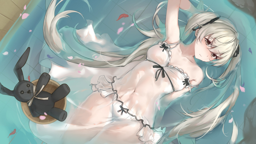 1girl arm_behind_head babydoll black_ribbon breasts brown_eyes bucket closed_mouth collarbone commentary_request covered_navel cowboy_shot from_above grey_hair hair_ribbon highres kasugano_sora long_hair looking_at_viewer panties partially_submerged ribbon see-through_clothes small_breasts solo stuffed_animal stuffed_rabbit stuffed_toy twintails underwear water white_babydoll white_panties wooden_bucket yosuga_no_sora yusan