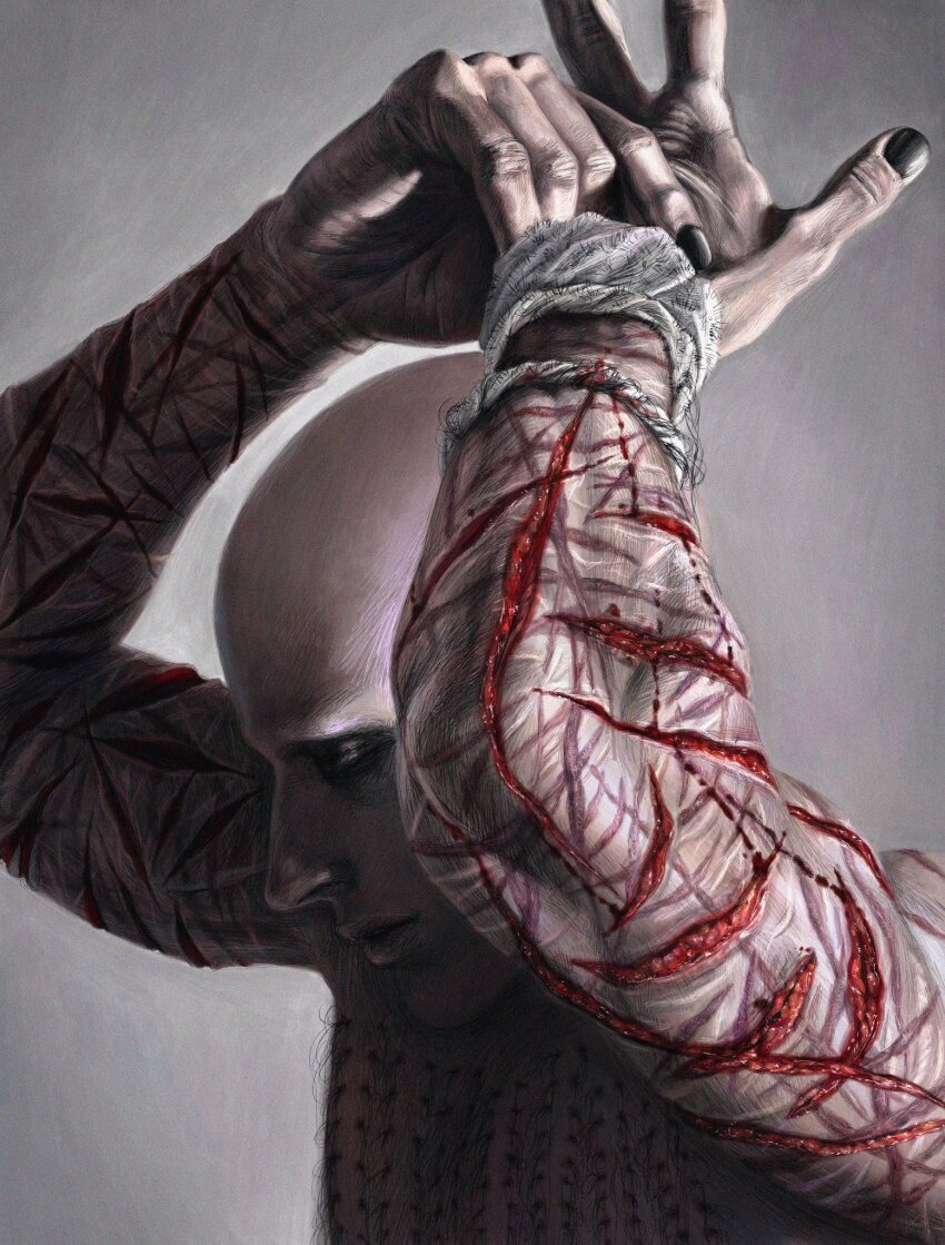 arms_up bald black_nails blood cuts highres injury longwandb looking_down male_focus original self-harm self-harm_scar