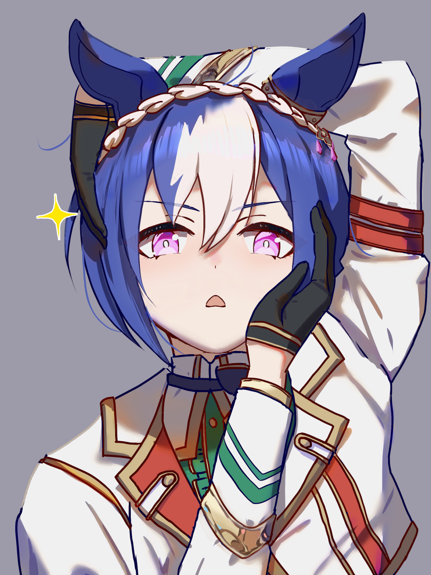 1girl absurdres animal_ears black_gloves blue_eyes braid cesario_(umamusume) commentary_request crown_braid ear_ornament gloves grey_background hair_between_eyes hand_on_own_head highres horse_ears horse_girl jacket long_sleeves looking_at_viewer multicolored_hair no_uwazumi open_mouth purple_eyes short_hair simple_background solo sparkle streaked_hair umamusume upper_body white_hair white_jacket