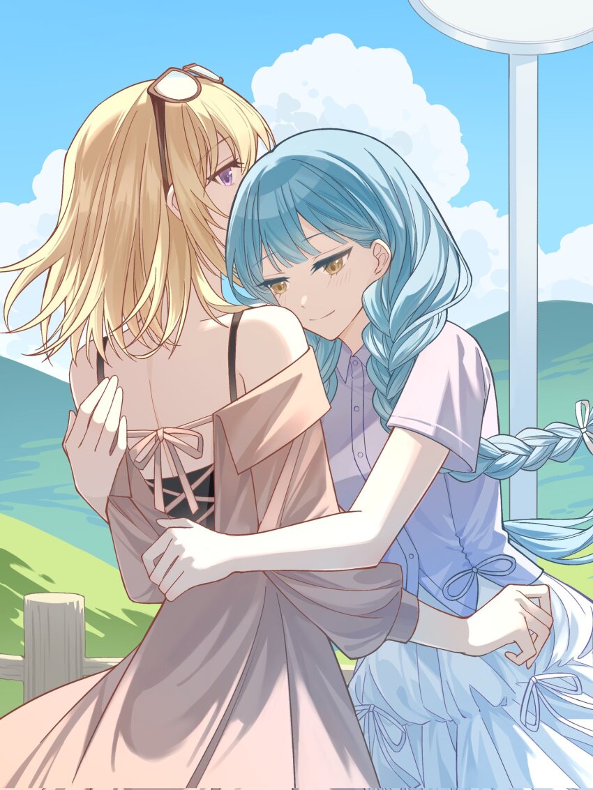 2girls bang_dream! bang_dream!_it&#039;s_mygo!!!!! blonde_hair blue_hair blue_sky blush braid chinese_commentary closed_mouth cloud commentary_request day dress grey_dress highres hug jilanzhijing long_hair medium_hair misumi_uika multiple_girls off-shoulder_dress off_shoulder outdoors purple_eyes purple_shirt shirt short_sleeves skirt sky smile togawa_sakiko twin_braids white_skirt yellow_eyes yuri