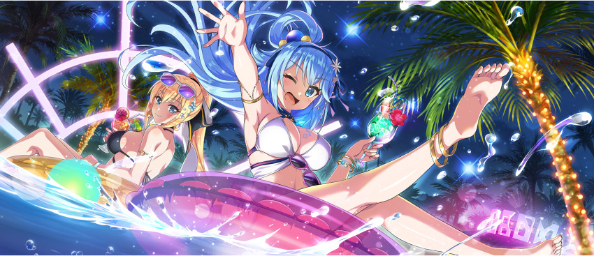 2girls afloat anklet aqua_(konosuba) arm_up armlet bangle bikini black_bikini blonde_hair blue_eyes blue_hair blue_ribbon bracelet breasts cocktail cup darkness_(konosuba) drinking_glass eyewear_hang floating_hair game_cg hair_ribbon hair_rings highres hurricane_glass jewelry kono_subarashii_sekai_ni_shukufuku_wo! konosuba!_fantastic_days large_breasts legs_up long_hair looking_at_viewer multiple_girls night night_sky o-ring o-ring_bikini official_art one_eye_closed palm_tree pool ribbon single_hair_ring sky smile splashing sunglasses swim_ring swimsuit tree unworn_eyewear water white_bikini