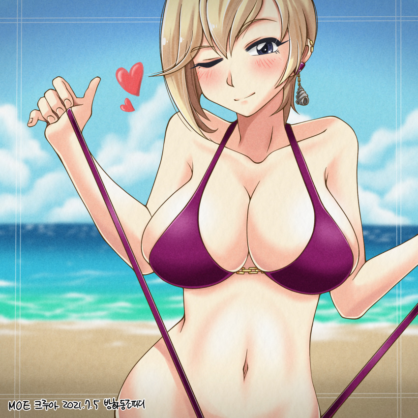 1girl artist_name banghwadongjopidi beach bikini bikini_bottom_pull blue_eyes blue_sky blush breasts character_name cleavage closed_mouth cloud collarbone commentary_request copyright_name croia_(master_of_eternity) dated day ear_piercing earrings floating_earring heart highres horizon jewelry korean_commentary large_breasts looking_at_viewer master_of_eternity navel ocean one_eye_closed outdoors piercing purple_bikini shell shell_earrings short_hair sky smile solo swimsuit upper_body