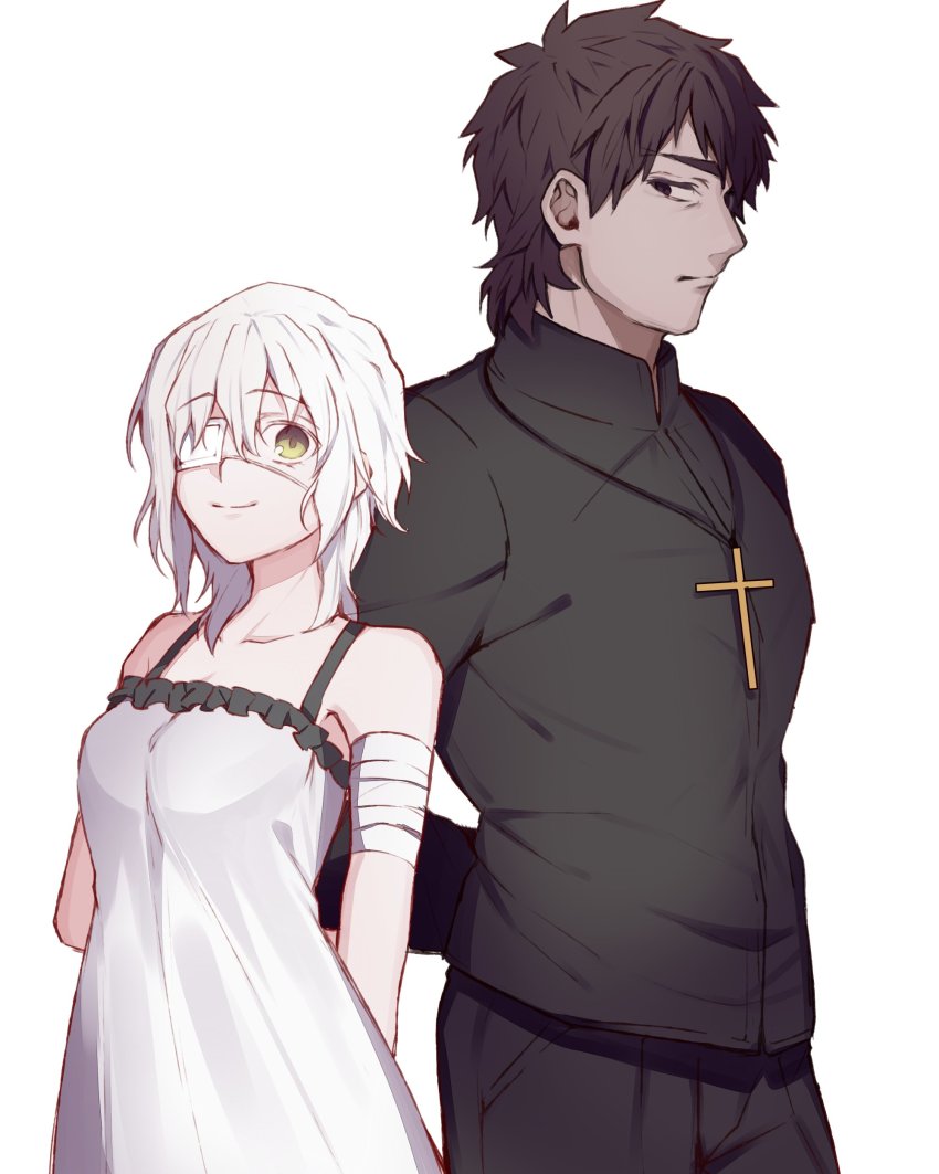 1boy 1girl absurdres arms_behind_back bandages brown_eyes brown_hair claudia_hortensia creat_(kuribeni) cross cross_necklace dress eyepatch fate/stay_night fate_(series) highres husband_and_wife jewelry kotomine_kirei looking_at_another medium_hair necklace short_hair simple_background smile white_background white_dress white_hair yellow_eyes