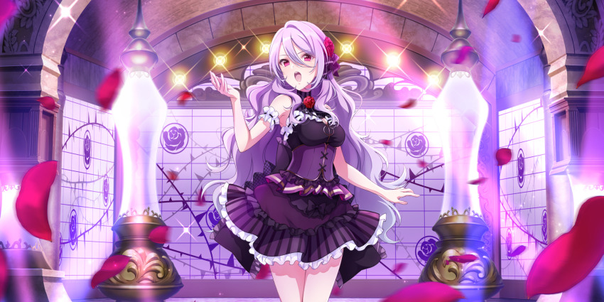 1girl arch arm_garter bare_shoulders breasts brick cleavage cleavage_cutout clothing_cutout corset cowboy_shot dot_nose dress emilia_(lapis_re:lights) falling_petals flower frilled_skirt frills game_cg hair_between_eyes hair_flower hair_ornament hand_up highres idol idol_clothes lapis_re:lights long_hair medium_breasts neck_flower official_art open_mouth petals purple_corset purple_dress purple_hair purple_skirt red_flower red_petals red_rose rose skirt sleeveless sleeveless_dress solo stage stage_lights striped_clothes striped_skirt teeth third-party_source tile_wall tiles underbust upper_teeth_only vertical-striped_clothes vertical-striped_skirt very_long_hair