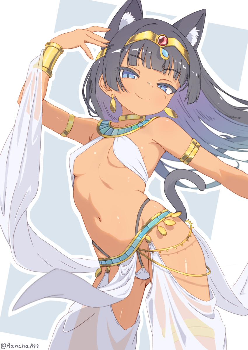 1girl ancient_egyptian_clothes animal_ears armlet armpit_crease belly_dancing black_hair blue_eyes bracelet breasts cat_ears cat_girl cat_tail circlet colored_inner_hair covered_pussy dancer dark-skinned_female dark_skin earrings extra_ears gold_armlet gold_bracer gold_circlet gold_earrings gradient_hair harem_outfit harem_pants highres brown_egyptian_cat-eared_loli_(trend) jewelry light_smile long_hair looking_at_viewer multicolored_hair navel original pants pelvic_curtain rancha see-through_clothes see-through_pants sling_bikini_top small_breasts smile stomach tail tan thong usekh_collar