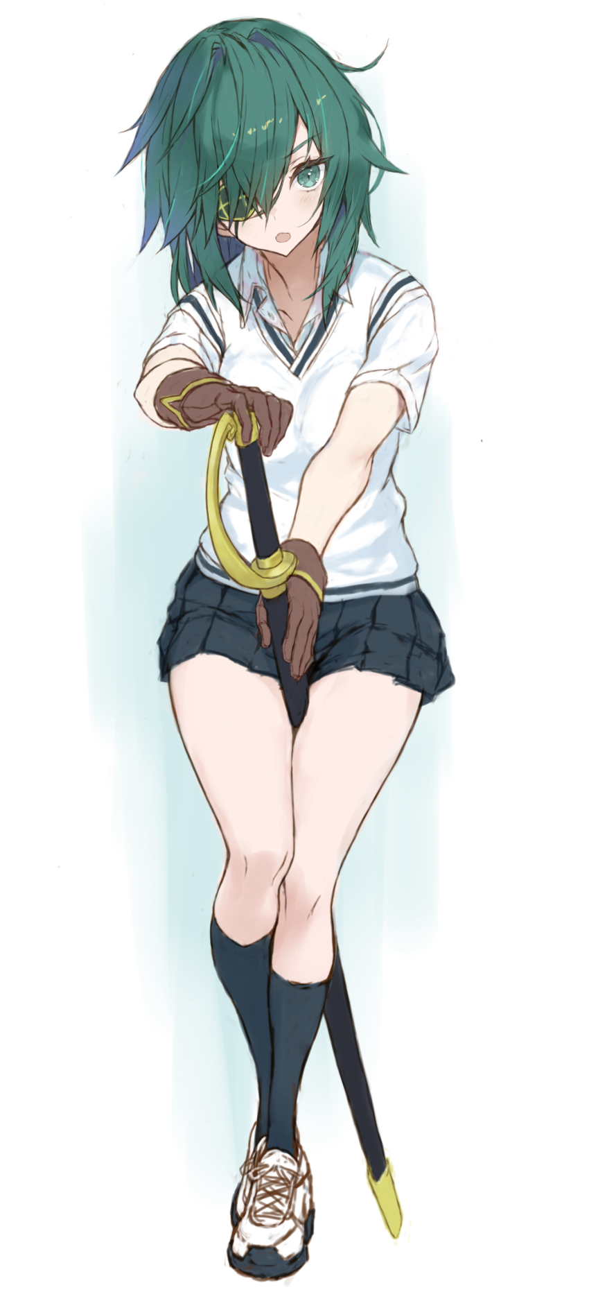 1girl absurdres alternate_costume between_legs black_socks breasts brown_gloves collared_shirt eyepatch full_body gloves green_eyes green_hair hair_between_eyes highres holding holding_weapon kantai_collection kiso_(kancolle) kneehighs looking_at_viewer pleated_skirt ryo_(tg290) sheath shirt shoes short_sleeves simple_background skirt sneakers socks solo standing sword sword_between_thighs weapon white_background white_shirt white_shoes