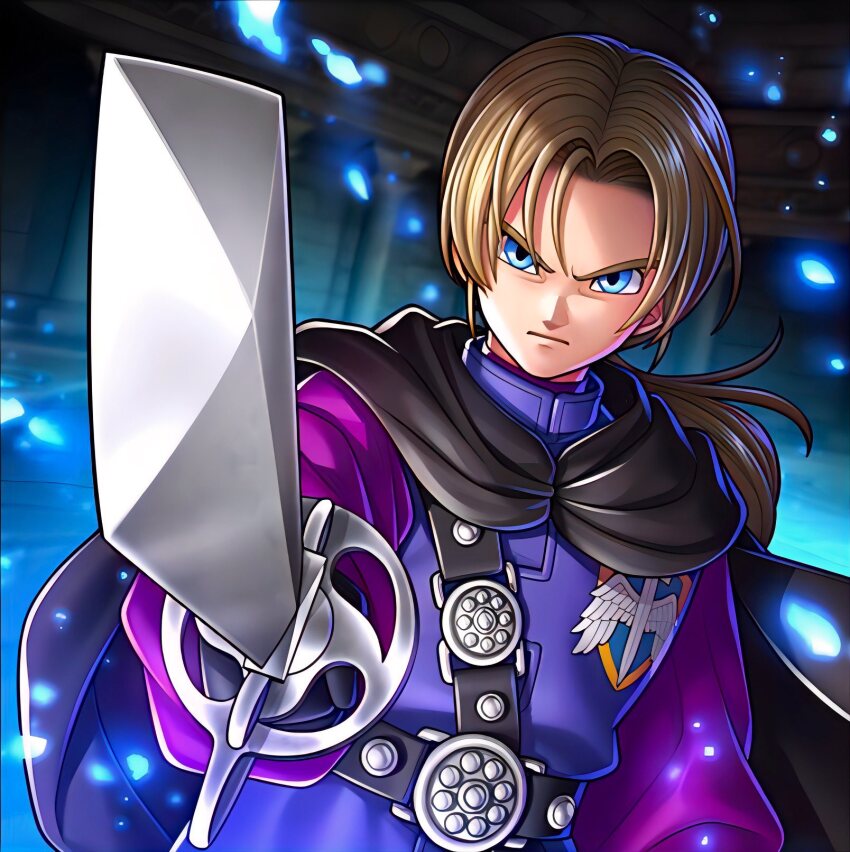 1boy artist_request belt black_belt black_cape blue_eyes brown_hair cape closed_mouth commentary dark_persona dragon_quest dragon_quest_rivals dragon_quest_x english_commentary floating_cape floating_clothes floating_hair game_cg highres looking_at_viewer low_ponytail male_focus official_art parted_hair pointing_melee_weapon pointing_sword ponytail purple_sleeves purple_tunic resized solo third-party_source touma_(dq10) tunic upper_body upscaled v-shaped_eyebrows