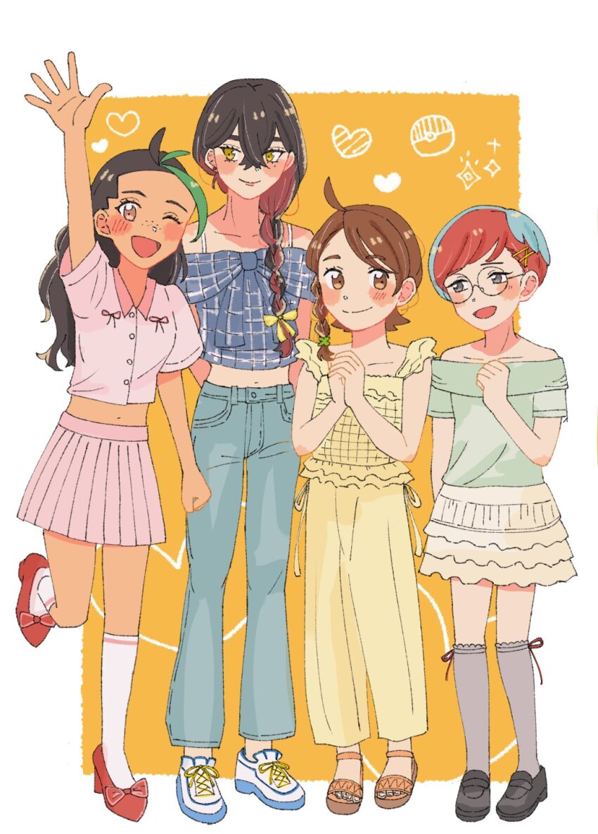4girls ;d alternate_costume alternate_hairstyle aoaoe_2 bare_shoulders black_hair blue_hair blue_pants blue_shirt braid brown_eyes brown_hair carmine_(pokemon) closed_mouth colored_inner_hair crossed_bangs freckles full_body glasses green_hair green_shirt grey_eyes hair_between_eyes highres juliana_(pokemon) kneehighs long_hair looking_at_viewer midriff mole mole_under_eye multicolored_hair multiple_girls navel nemona_(pokemon) nintendo one_eye_closed open_mouth own_hands_together pants penny_(pokemon) pink_shirt pink_skirt pleated_skirt pokemon pokemon_sv red_hair shirt short_hair skirt smile socks two-tone_hair waving white_socks yellow_eyes yellow_pants yellow_shirt