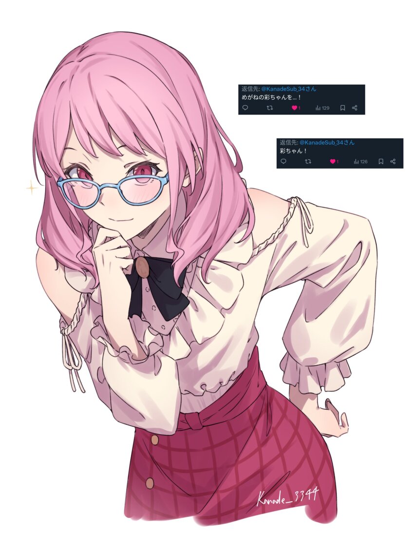 1girl alternate_costume bang_dream! dress feet_out_of_frame glasses highres kanade_(kanade_3344) long_hair maruyama_aya pink_eyes pink_hair simple_background smile solo white_background
