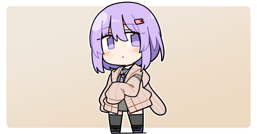 1girl black_shoes blush border brown_background brown_cardigan cardigan chibi chibi_only closed_mouth full_body grey_shirt grey_thighhighs hair_ornament hairclip ini_(inunabe00) long_sleeves looking_at_viewer open_cardigan open_clothes outline outside_border purple_eyes purple_hair shirt shoes short_hair simple_background sleeves_past_fingers sleeves_past_wrists solo standing thighhighs vocaloid voiceroid white_border white_outline yuzuki_yukari yuzuki_yukari_(shizuku)