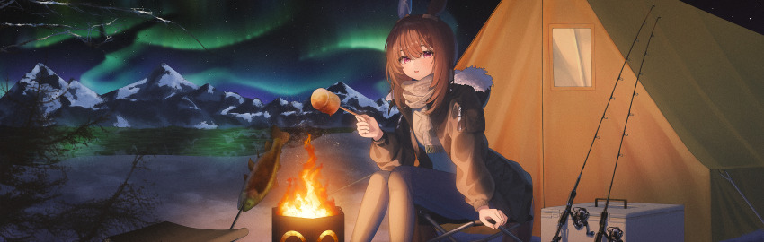 1girl absurdres admire_vega_(umamusume) alternate_costume animal_ears aurora brown_pants campfire commentary cooler ear_covers fish fish_(food) fishing_rod food fur-trimmed_jacket fur_trim grey_scarf grilled_fish hair_between_eyes highres holding holding_stick hood hood_down hooded_jacket horse_ears horse_girl jacket long_hair long_sleeves marshmallow night open_clothes open_jacket outdoors pants parted_lips puffy_sleeves purple_eyes rang_c roasted_marshmallow scarf sidelocks single_ear_cover sitting solo stick tent umamusume