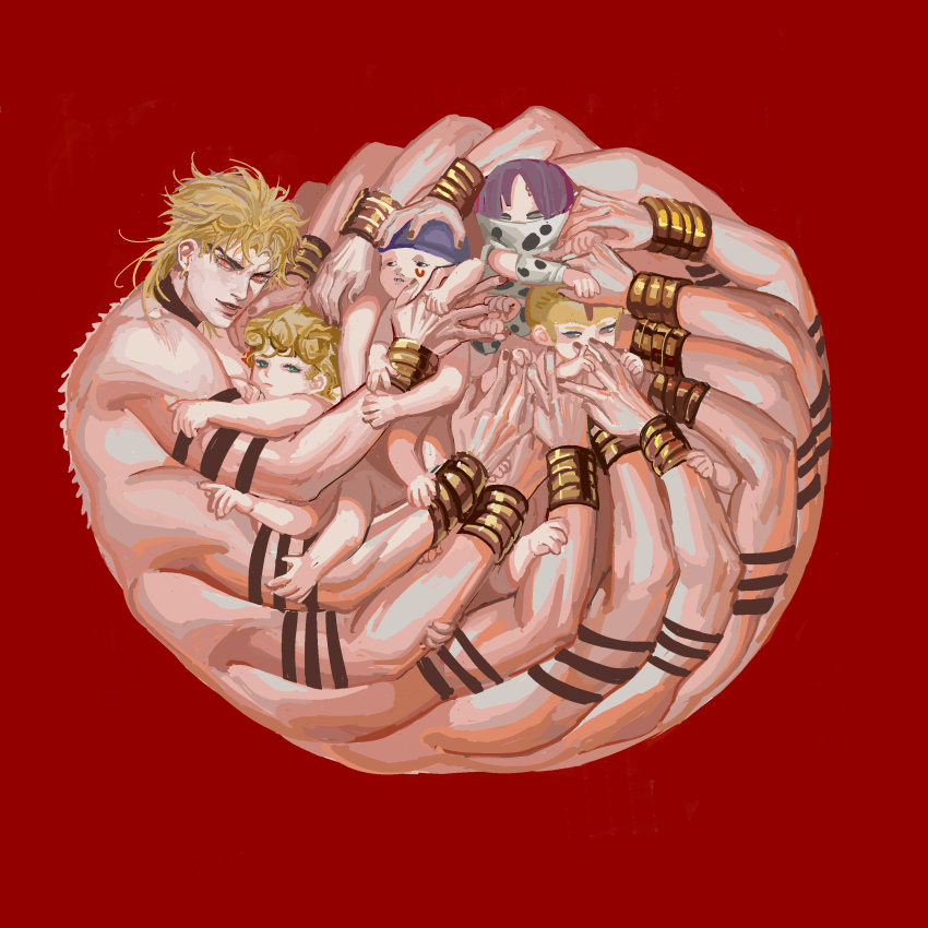 5boys absurdres ashva blonde_hair body_horror brothers dio_brando donatello_versus father_and_son giorno_giovanna green_eyes highres jojo_no_kimyou_na_bouken long_hair multiple_boys purple_hair rikiel siblings stone_ocean ungaro vento_aureo