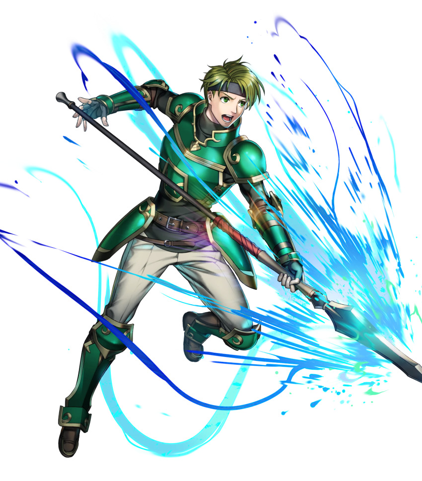 1boy armor artist_request boots elbow_pads fingerless_gloves fire_emblem fire_emblem:_the_blazing_blade fire_emblem_heroes full_body gauntlets gloves gold_trim green_armor green_eyes green_hair headband highres holding holding_polearm holding_weapon knee_boots leg_up long_sleeves looking_away male_focus nintendo non-web_source official_art open_mouth pants polearm sain_(fire_emblem) short_hair shoulder_armor spear transparent_background turtleneck weapon