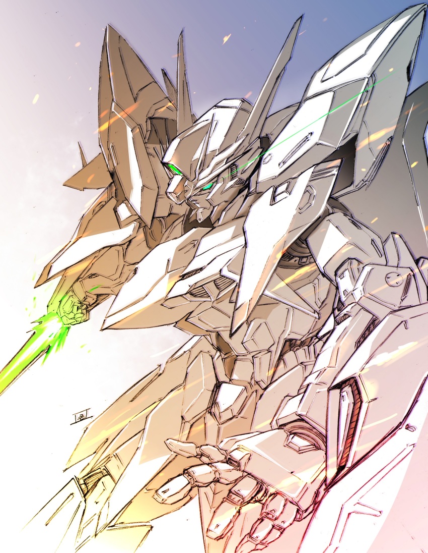 absurdres arm_blade clenched_hand eclipse_gundam energy_blade green_eyes gundam gundam_seed gundam_seed_eclipse highres matutoya mecha mobile_suit no_humans open_hand robot science_fiction solo v-fin weapon