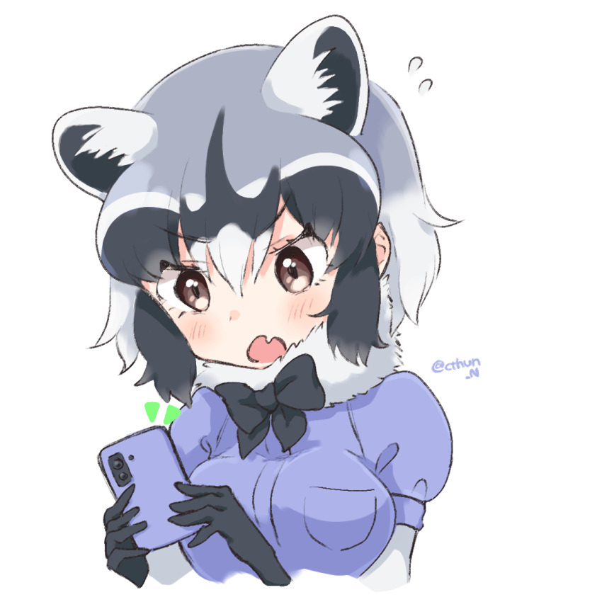 1girl black_bow black_bowtie blue_sweater blush bow bowtie brown_eyes cellphone common_raccoon_(kemono_friends) cthun_n elbow_gloves extra_ears fang flying_sweatdrops fur_collar gloves grey_gloves grey_hair hair_between_eyes kemono_friends multicolored_hair open_mouth phone puffy_short_sleeves puffy_sleeves short_hair short_sleeves sidelocks smartphone solo sweater upper_body white_fur