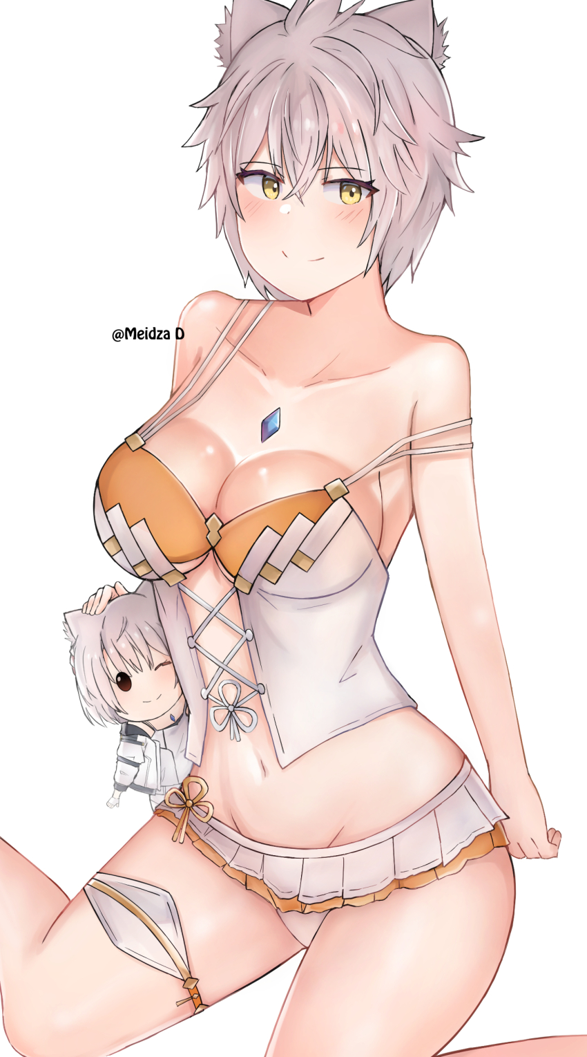 1girl absurdres animal_ears bikini bikini_skirt breasts cat_ears character_doll chest_jewel cleavage core_crystal_(xenoblade) cosplay doll grey_hair highres large_breasts meidza_d messy_hair mio_(xenoblade) mio_(xenoblade)_(cosplay) na&#039;el_(xenoblade) short_hair smile solo strap_slip swimsuit thighs white_bikini xenoblade_chronicles_(series) xenoblade_chronicles_3 xenoblade_chronicles_3:_future_redeemed yellow_eyes