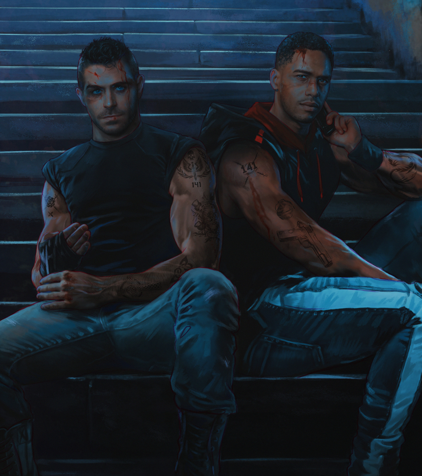 2boys arm_tattoo bandaged_hand bandages black_hair black_shirt blood blood_on_face blue_eyes blue_pants call_of_duty call_of_duty:_modern_warfare_2 closed_mouth dark-skinned_male dark_skin facial_hair gaz_(call_of_duty_4) highres holding holding_phone hood hood_down injury looking_at_viewer makenzie_polkas male_focus multiple_boys muscular muscular_male pants phone realistic shirt short_hair sitting soap_(modern_warfare_2) tattoo wristband