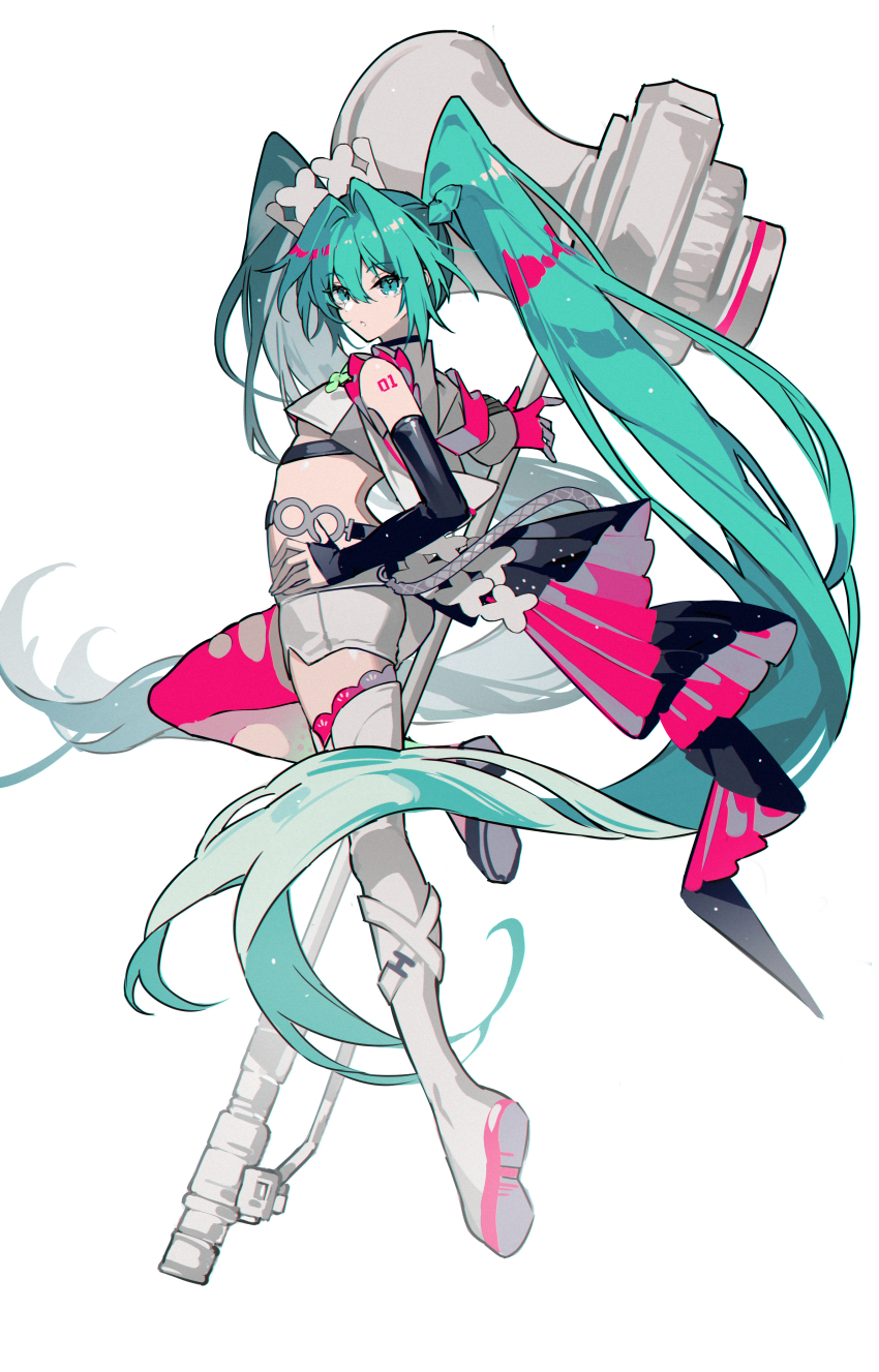 1girl absurdres aqua_eyes aqua_hair arm_tattoo asymmetrical_legwear asymmetrical_sleeves commentary detached_sleeves from_side full_body goodsmile_racing hand_on_own_hip hatsune_miku highres holding kazenemuri knee_up long_hair looking_at_viewer looking_to_the_side mismatched_legwear mismatched_sleeves racing_miku racing_miku_(2025) simple_background solo tattoo twintails very_long_hair vocaloid white_background