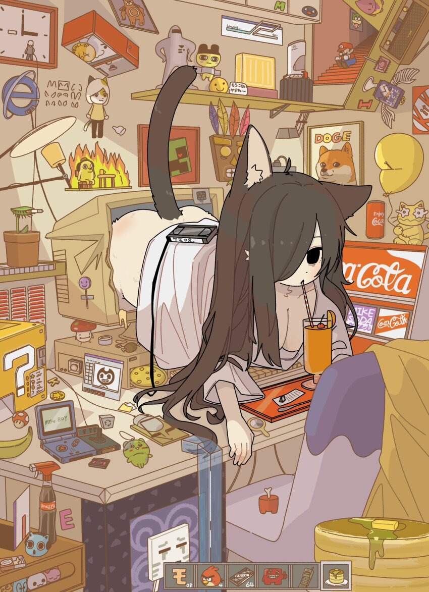 1girl ?_block aku_aku among_us angry_birds animal_ear_fluff ass backwards_long_jump bags_under_eyes bedroom bendy bendy_and_the_ink_machine black_eyes bottle bowser breasts cassette_player cat_girl cat_tail chair character_request cherry cigarette cleavage coca-cola computer_keyboard copyright_request crash_bandicoot_(series) creeper crewmate_(among_us) dead_body_(among_us) desk_lamp doge drinking food fruit game_boy gen_2_pokemon ghast glass hair_over_one_eye handheld_game_console heads-up_display highres indoors instrument internet_explorer juice lamp large_breasts long_sleeves magnifying_glass mario mario_(series) meat_boy meme minecraft monitor mousepad_(object) nintendo office_chair orange_(fruit) orange_juice orange_slice original pancake pancake_stack piano plant pokemon potted_plant red_(among_us) red_(angry_birds) shelf shirt smoking solo spray_bottle super_mario_64 super_meat_boy super_mushroom swivel_chair tail tamagotchi this_is_fine_(meme) through_medium through_screen too_literal towel ursaring user_interface venus_flytrap white_shirt yagi_(mike_no_hito)