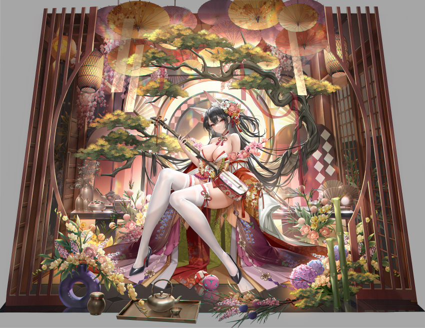 1girl absurdres animal_ears black_hair d._(ddot2018) erhu high_heels highres holding holding_instrument instrument iron_saga sitting solo teapot thighhighs white_thighhighs