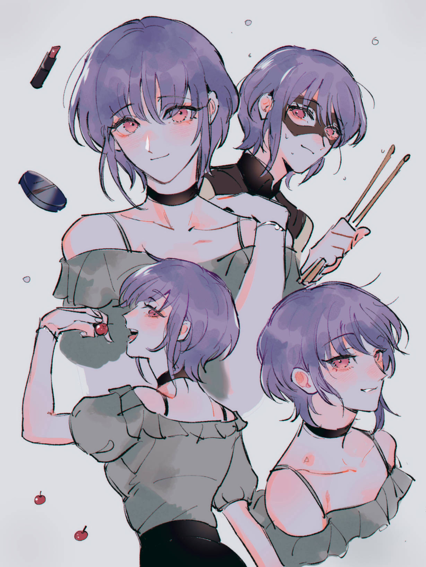 1girl bang_dream! bang_dream!_it&#039;s_mygo!!!!! berry black_choker black_mask black_shirt black_skirt choker closed_mouth commentary compact_(cosmetics) cosmetics domino_mask drumsticks food grey_background grey_shirt highres holding holding_drumsticks holding_food lipstick_tube mask maybecrosswise multiple_views off-shoulder_shirt off_shoulder open_mouth parted_lips pink_eyes purple_hair shirt short_hair skirt smile sweat yuutenji_nyamu