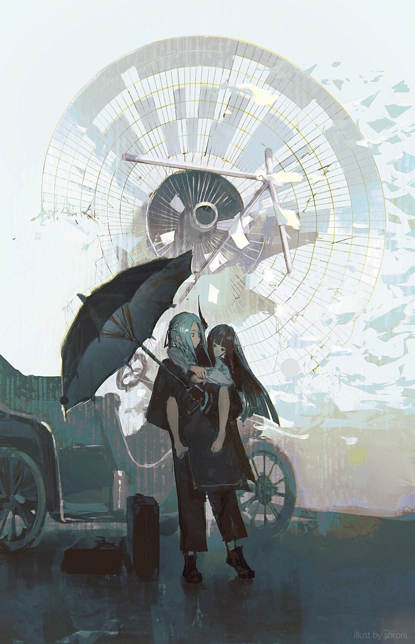 2girls absurdres barefoot black_eyes black_hair black_horns black_jacket black_pants black_shoes black_umbrella carrying closed_mouth dress full_body highres holding holding_umbrella horns jacket long_hair multiple_girls open_umbrella original outdoors pants piggyback shoes sidelocks single_horn sorrowny suitcase umbrella white_dress white_hair