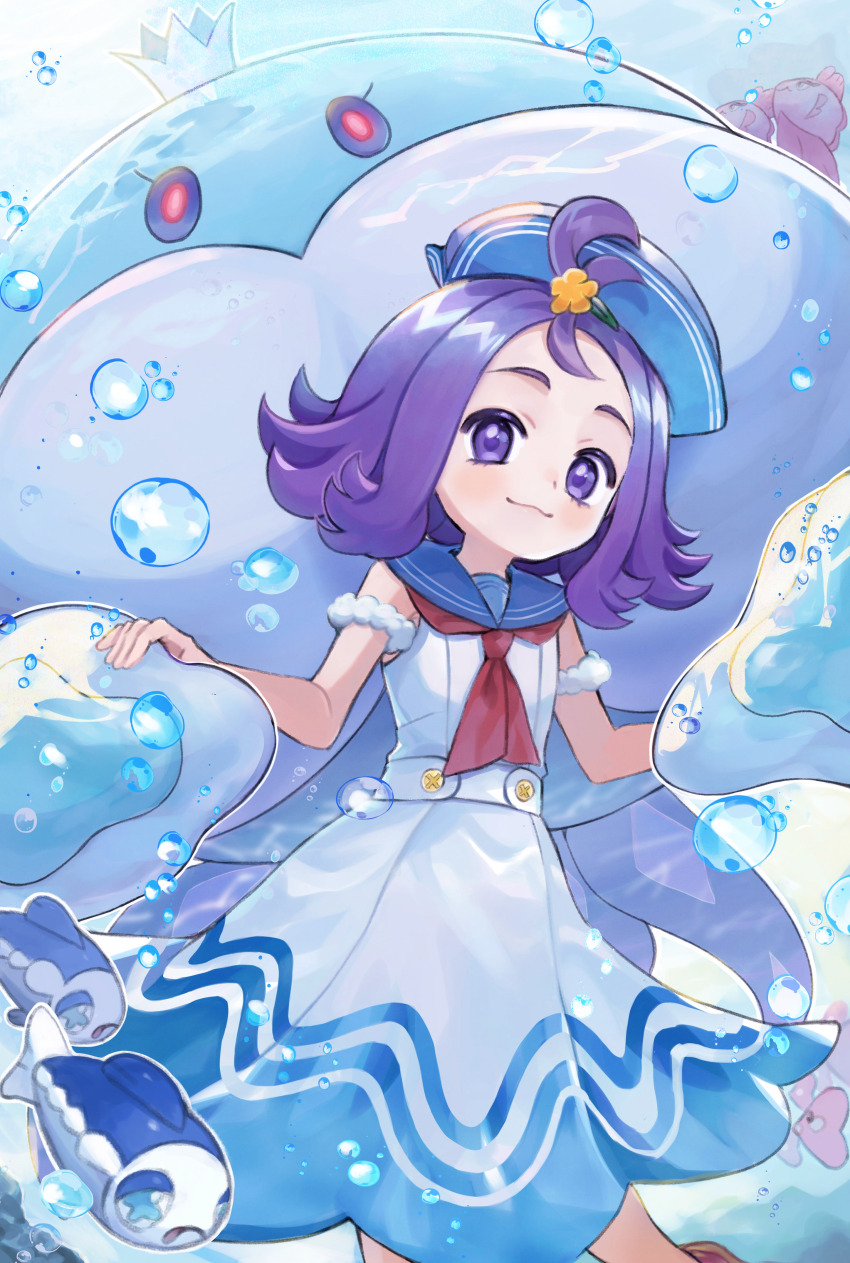 1girl abe_(kumayu) absurdres acerola_(pokemon) acerola_(summer_2024)_(pokemon) commentary_request dress gen_5_pokemon hair_ornament hat highres jellicent jellicent_(male) looking_at_viewer nintendo official_alternate_costume pokemon pokemon_masters_ex purple_eyes purple_hair sailor sailor_collar sailor_hat short_hair sleeveless smile white_dress