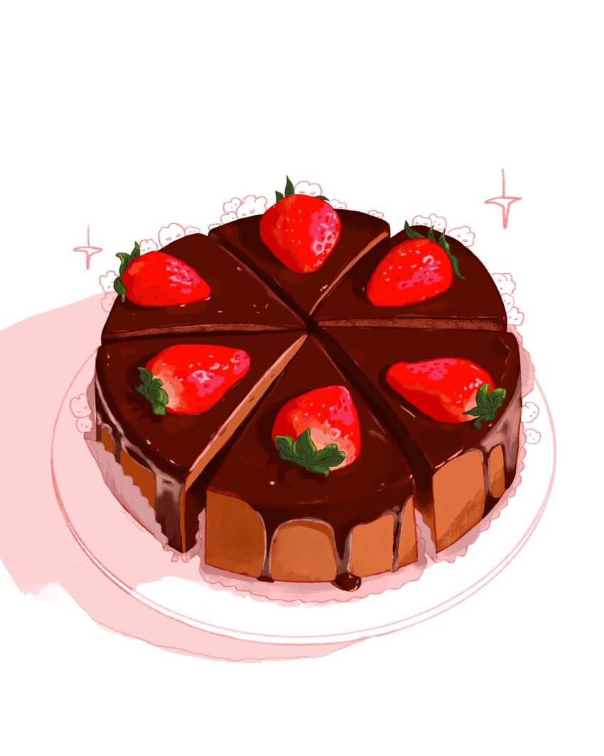 cake cake_slice chocolate_cake chocolate_icing food food_focus fruit highres icing no_humans original rokktober simple_background strawberry white_background