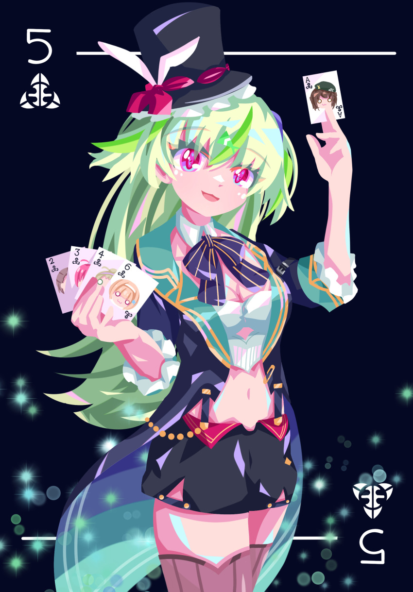 1girl absurdres black_background black_shorts bow bowtie breasts card character_print cleavage evanhehehe green_hair hat heaven_burns_red highres large_breasts long_hair magician multicolored_hair navel ooshima_isuzu playing_card poker red_eyes shorts solo tailcoat team_31e_(heaven_burns_red) thighhighs top_hat two_side_up
