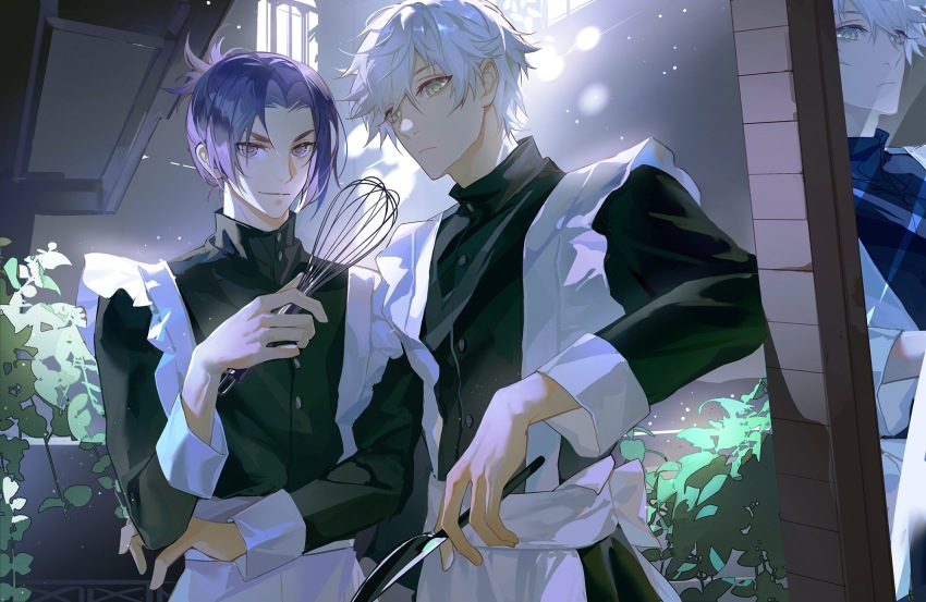 2boys apron black_dress blue_lock chinese_commentary closed_mouth commentary_request crossdressing curtained_hair dress elbow_rest frilled_apron frills green_eyes hair_behind_ear highres holding holding_whisk light_particles listencareful long_sleeves looking_at_viewer maid maid_apron male_focus male_maid mikage_reo multiple_boys nagi_seishirou purple_eyes purple_hair reflection short_hair sleeve_cuffs smile whisk white_apron white_hair