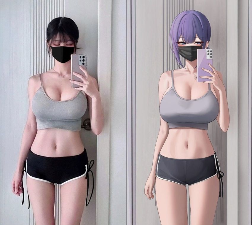 1girl artist_self-insert artist_self-reference asian bare_shoulders biya_(1024) black_shorts blue_eyes blush breasts cellphone cleavage collarbone comparison cosplay cosplay_photo dolphin_shorts grey_sports_bra korean large_breasts long_hair mask mouth_mask navel original phone photo_(medium) ponytail purple_hair real_life real_life_insert selfie short_shorts shorts solo sports_bra tagme thighs yuna_(biya_(1024))