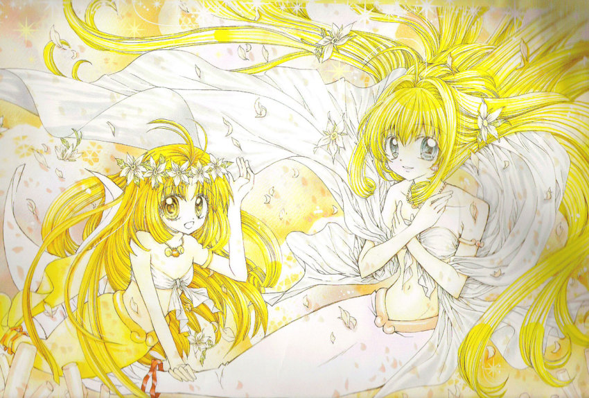 00s 2girls :d ahoge antenna_hair armlet bandeau bare_shoulders bikini bikini_top_only blonde_hair blue_eyes bracelet crossed_arms drill_hair earrings flat_chest flower front-tie_top hair_flower hair_intakes hair_ornament hanamori_pink head_wreath holding_another&#039;s_tail jewelry long_hair mermaid mermaid_melody_pichi_pichi_pitch midriff monster_girl multiple_girls nanami_lucia navel necklace official_art open_mouth pendant petals ribbon scan seashell seira_(mermaid_melody_pichi_pichi_pitch) shawl shell sitting smile sparkle swimsuit tail tail_grab underwater very_long_hair yellow_eyes yellow_theme
