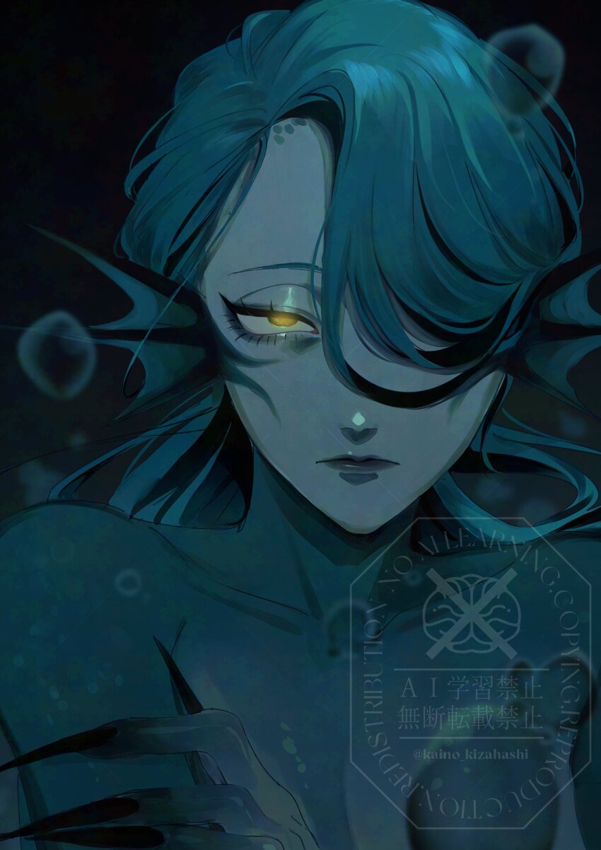 1girl absurdres artist_name black_background black_nails blue_skin bubble closed_mouth colored_skin commentary_request crossed_arms eel_girl fins georgina_leech glowing glowing_eyes hair_over_one_eye half-closed_eyes head_fins highres kaino_kizahashi long_hair monster_girl nude purple_lips scales simple_background solo twisted_wonderland twitter_username very_long_fingernails watermark yellow_eyes