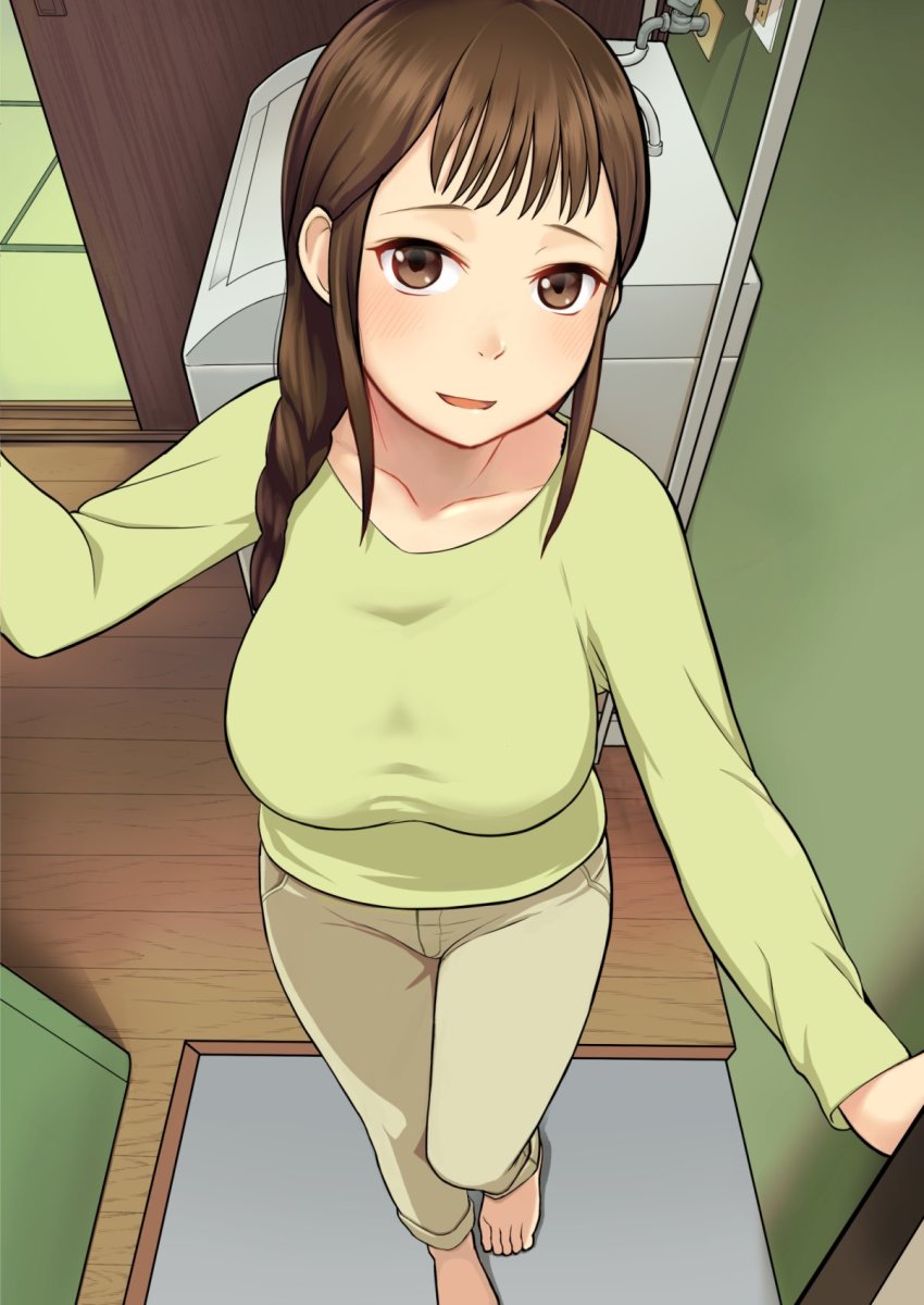 barefoot commission doorway feet_out_of_frame highres imizu_futoshi mature_female pov_doorway segawa_misato shirobako skeb_commission sliding_doors top-load_washing_machine washing_machine wooden_floor