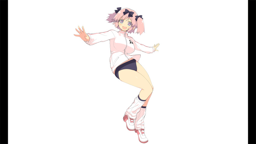 1girl absurdres bare_legs black_bow blue_buruma blue_eyes bow breasts buruma cross-shaped_pupils emblem hair_bow hibari_(senran_kagura) highres jacket large_breasts light_blush medium_hair midriff_peek non-web_source official_art open_mouth outstretched_arms pillarboxed pink_hair senran_kagura senran_kagura_burst shoes short_twintails smile socks solo symbol-shaped_pupils track_jacket twintails white_background white_jacket white_shoes white_socks yaegashi_nan