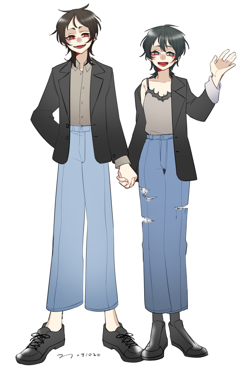1boy 1girl absurdres alternate_costume black_eyes black_jacket black_shoes blue_pants brown_eyes brown_hair brown_shirt camisole chinese_commentary collared_shirt commentary_request dated full_body green_eyes grey_camisole hand_up harada_minoru highres holding_hands isoi_rai jacket no_socks open_clothes open_jacket open_mouth pants saibou_shinkyoku shirt shoes simple_background smile spaghetti_strap torn_clothes torn_pants white_background yokuhaku