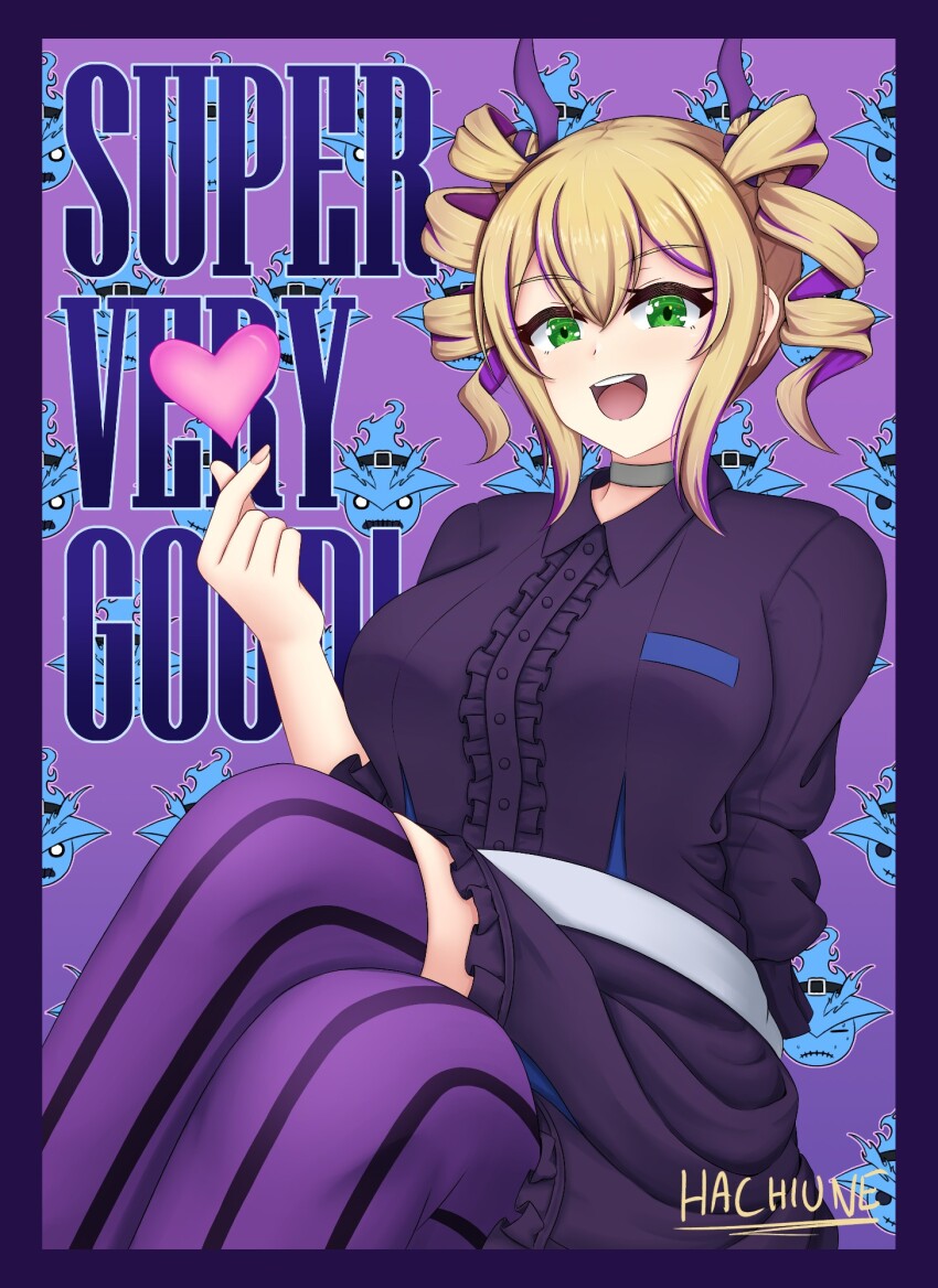 1girl artist_name blonde_hair border breasts commentary crossed_legs digimon digimon_card_game digimon_liberator dress drill_hair english_commentary ghostmon green_eyes hachiune heart highres large_breasts long_hair multicolored_hair purple_background purple_border purple_dress purple_hair purple_theme purple_thighhighs sitting solo solo_focus thighhighs twin_drills two-tone_hair violet_inboots