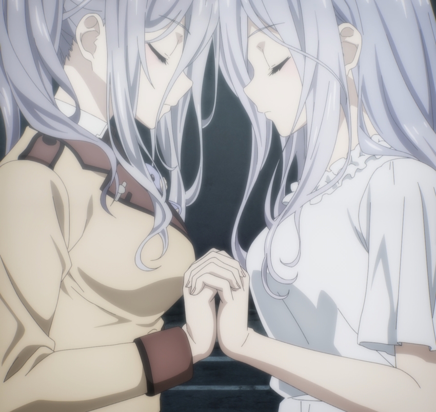 2girls anime_screenshot breasts brown_jacket closed_eyes date_a_live dress dual_persona from_side grey_eyes grey_hair hair_between_eyes highres holding_hands interlocked_fingers jacket large_breasts long_hair long_sleeves multiple_girls murasame_reine shirt sideboob sidelocks stitched stuffed_animal stuffed_toy takamiya_mio teddy_bear third-party_edit white_dress white_shirt