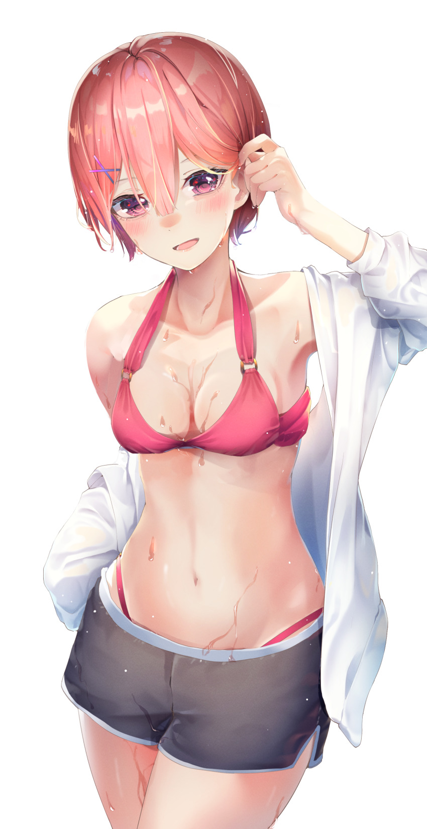 1girl absurdres bikini bikini_under_clothes black_shorts blush breasts cleavage cowboy_shot hair_ornament halterneck highres looking_at_viewer medium_breasts navel off_shoulder open_clothes open_mouth open_shirt pink_bikini pink_eyes pink_hair ram_(re:zero) re:zero_kara_hajimeru_isekai_seikatsu shirt short_hair short_shorts shorts simple_background solo swimsuit wet wet_clothes wet_hair white_background white_shirt x_hair_ornament yuunamida_uyu