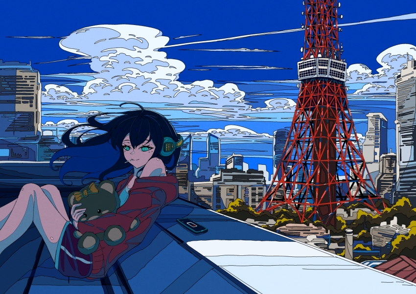 1girl aqua_eyes aqua_shirt artdroiiid_ii black_hair blue_shorts blue_sky building cardigan cellphone cigarette city cityscape closed_mouth cloud cloudy_sky colored_inner_hair commentary contrail day english_commentary feet_out_of_frame floating_hair headphones highres knees_up long_hair multicolored_hair off_shoulder open_cardigan open_clothes original outdoors phone purple_hair radio_tower red_cardigan rooftop scenery shade shadow shirt shorts sitting sky skyscraper sleeveless sleeveless_shirt smartphone smile solo split_mouth sunlight tokyo_tower tree wide_shot