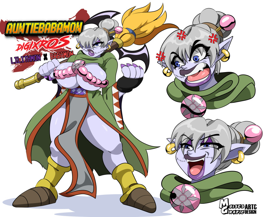 1girl absurdres babamon breasts digimon digimon_(creature) female_focus fusion highres large_breasts lilithmon old old_woman open_mouth original sharp_teeth solo teeth
